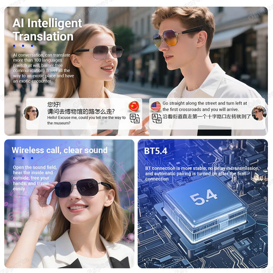2025 Smart Glasses AI Intelligent Real-time Translation Bluetooth 6.0 Sunglasses Outdoor Sports Earphone Call Music Eyeglasses
